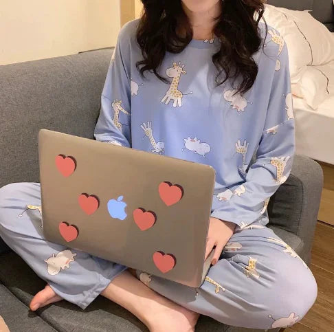 Women's Long Sleeve Pajama Set with Cute Cartoon Design