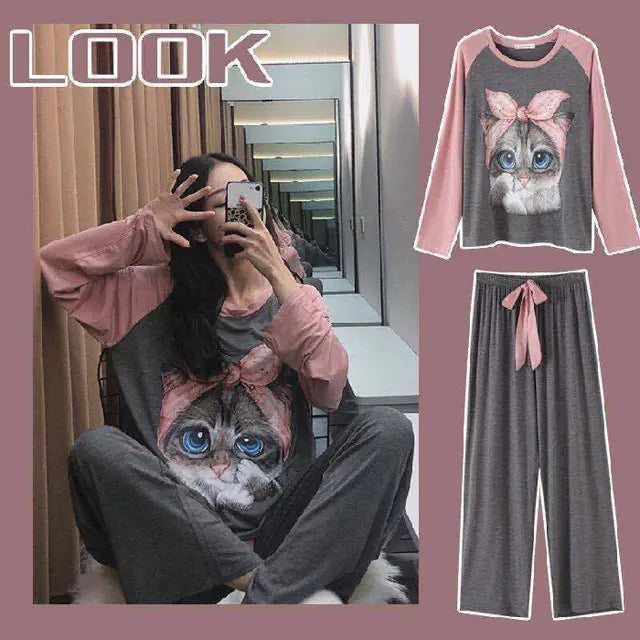 Cute Cartoon Print Long-Sleeved Women's Pajama Set