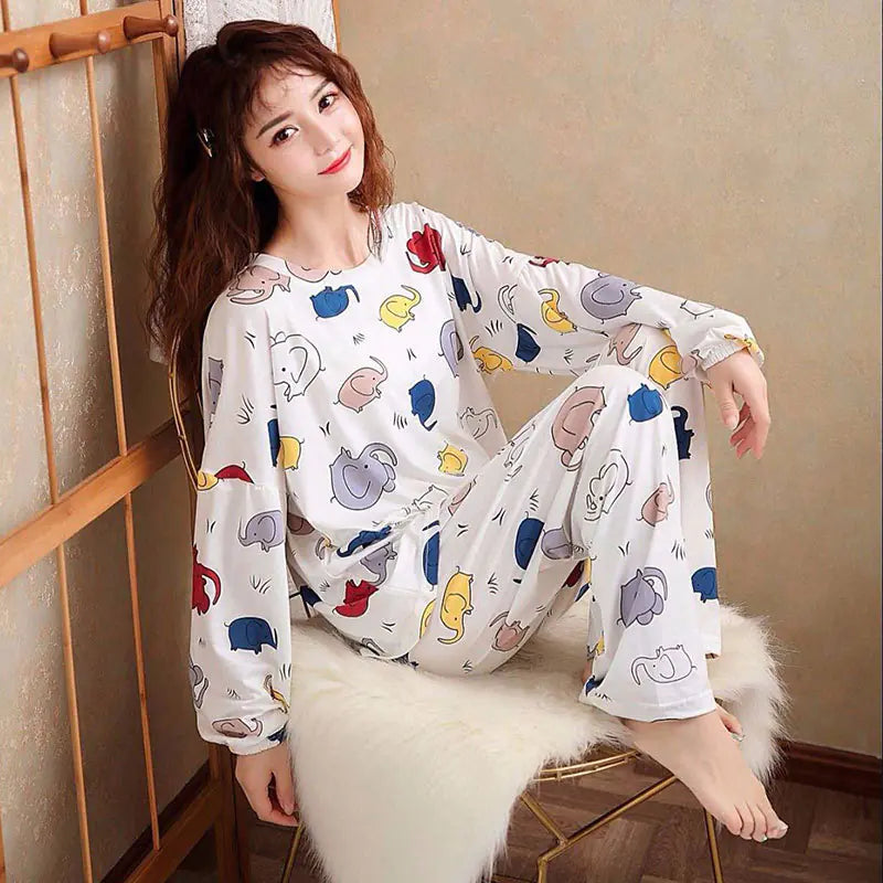 Cute Cartoon Print Long-Sleeved Women's Pajama Set