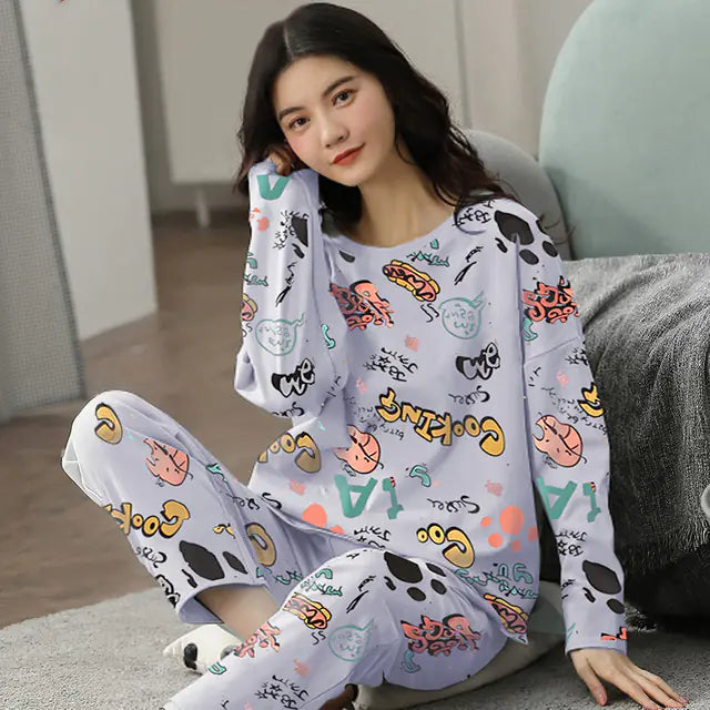 Korean Cotton Long-Sleeved Women's Pajama Set