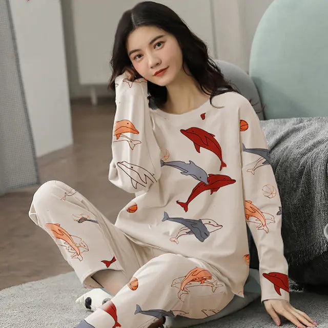 Korean Cotton Long-Sleeved Women's Pajama Set