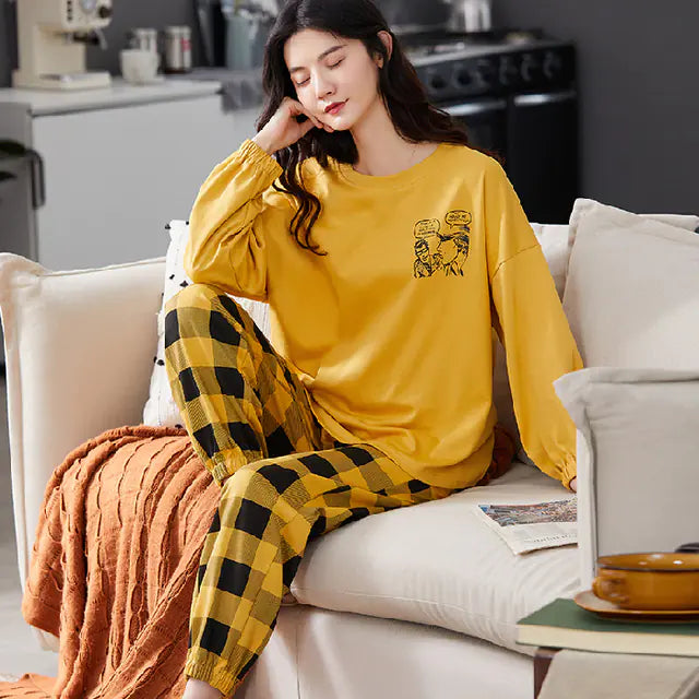 Cute Cartoon Print Long-Sleeved Women's Pajama Set