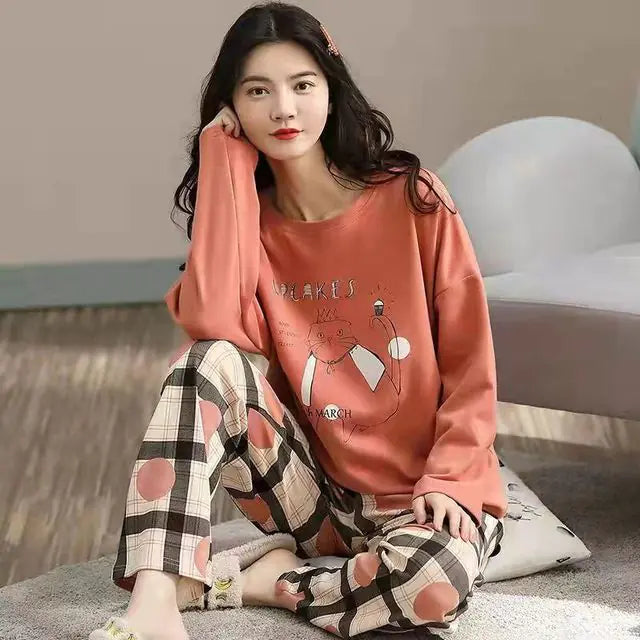 Korean Cotton Long-Sleeved Women's Pajama Set