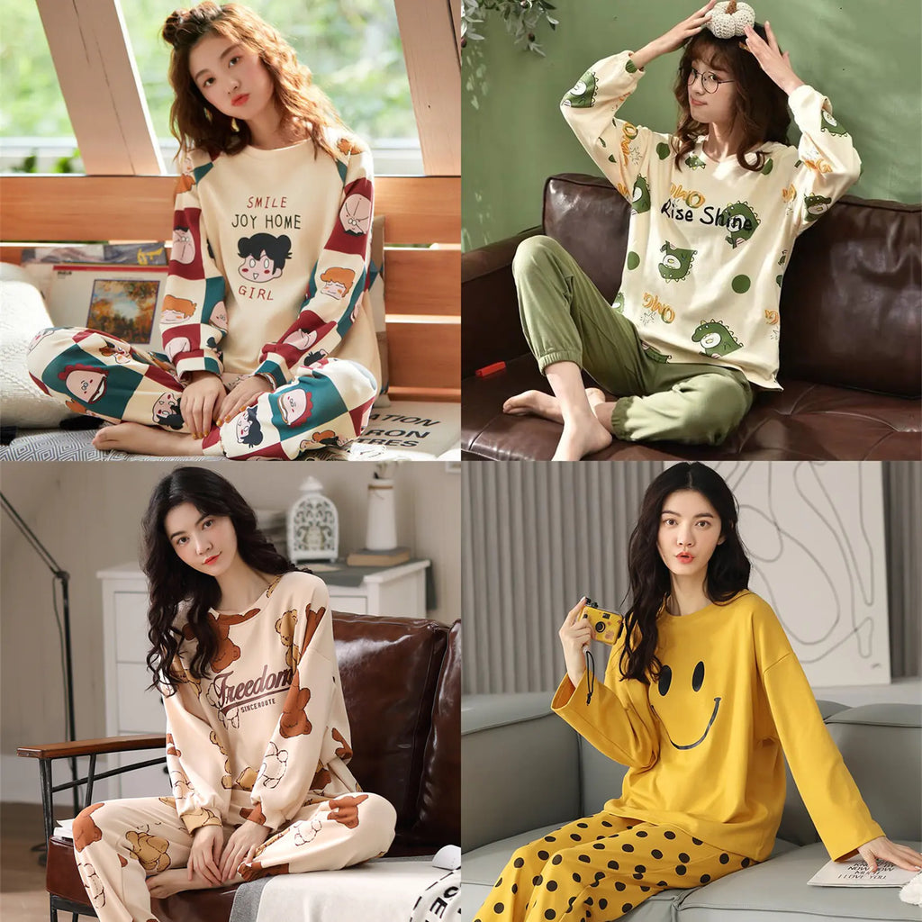 Cute Cartoon Print Long-Sleeved Women's Pajama Set