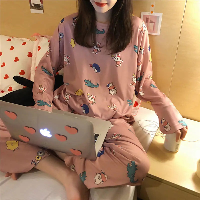 Women's Long Sleeve Pajama Set with Cute Cartoon Design
