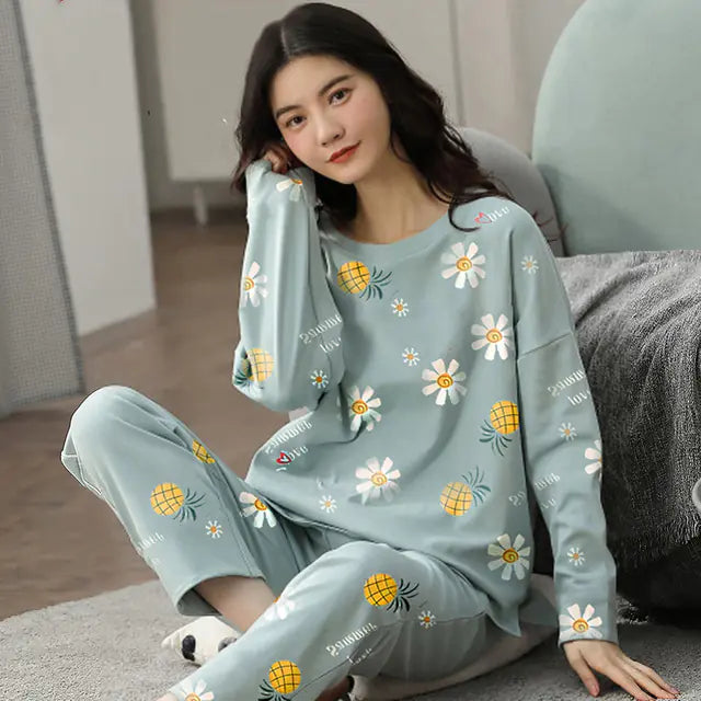 Korean Cotton Long-Sleeved Women's Pajama Set