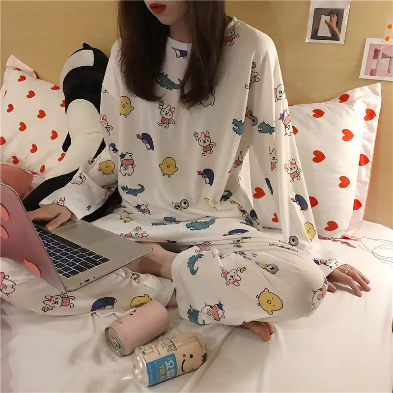Women's Long Sleeve Pajama Set with Cute Cartoon Design