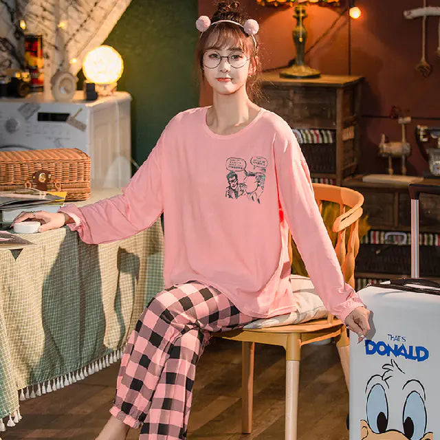 Cute Cartoon Print Long-Sleeved Women's Pajama Set