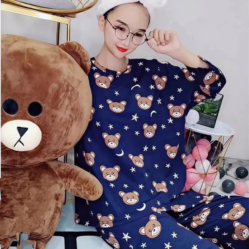 Women's Long Sleeve Pajama Set with Cute Cartoon Design