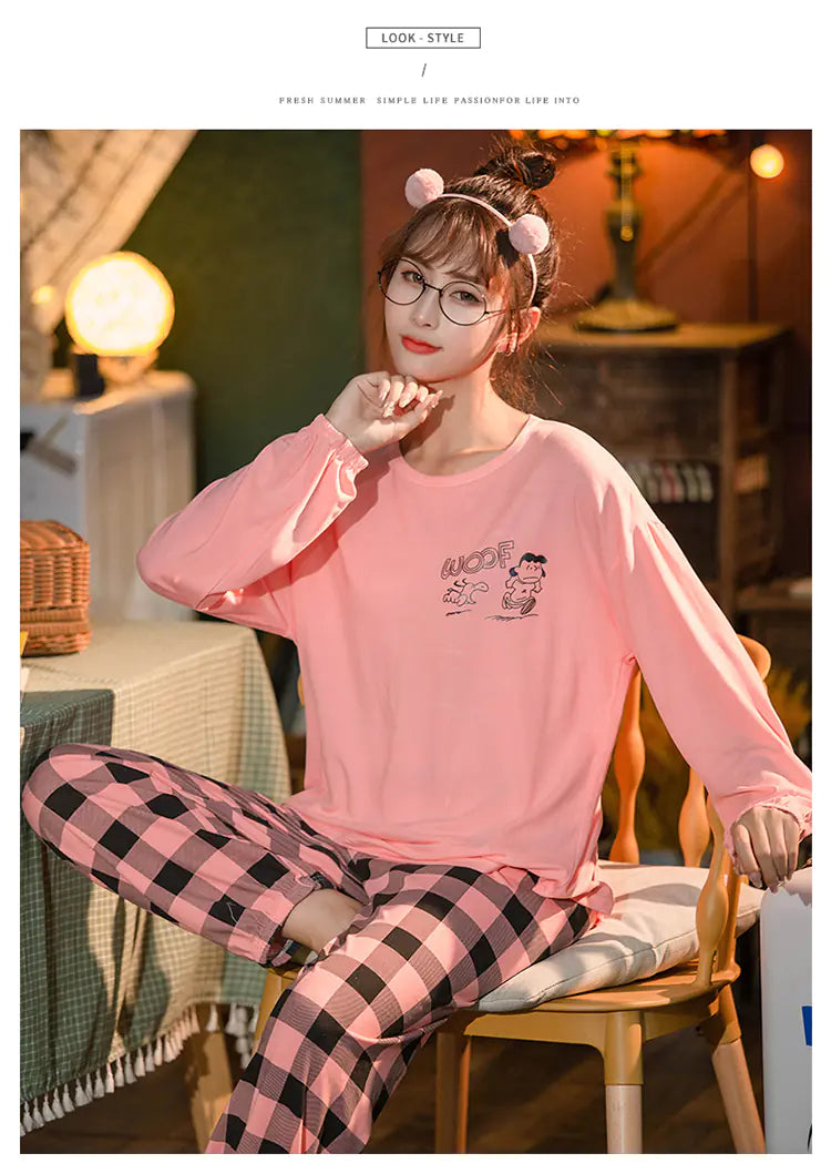 Cute Cartoon Print Long-Sleeved Women's Pajama Set