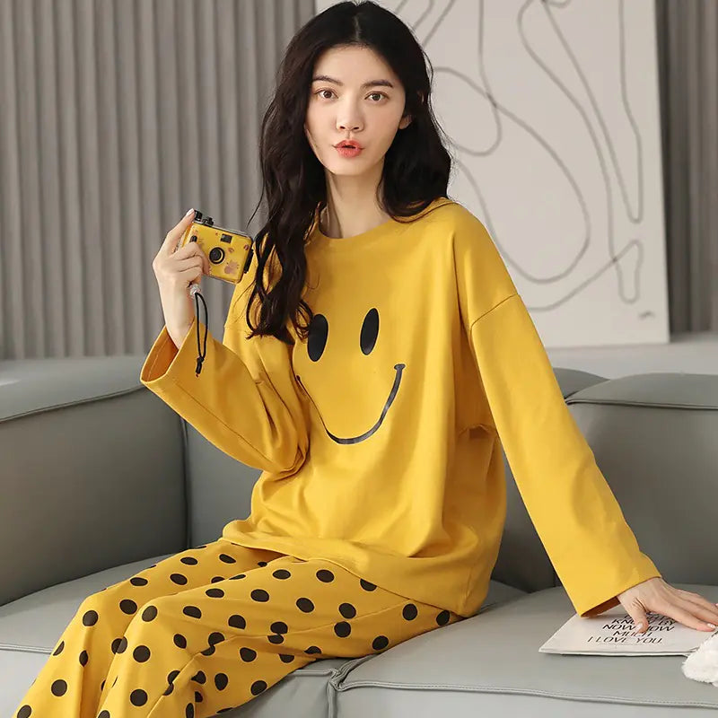Cute Cartoon Print Long-Sleeved Women's Pajama Set