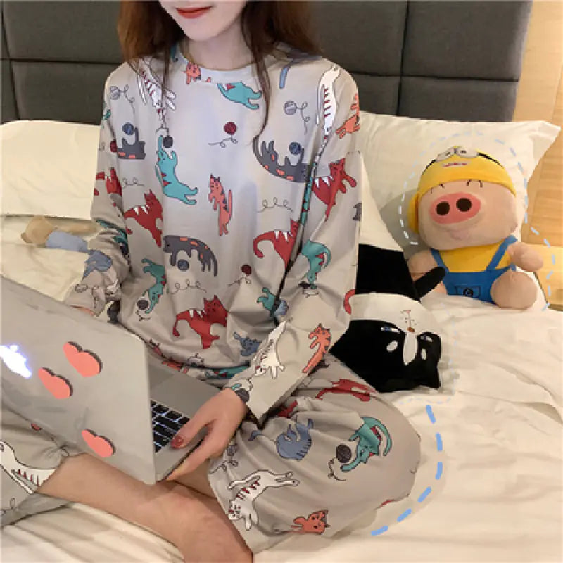 Cute Cartoon Print Long-Sleeved Women's Pajama Set