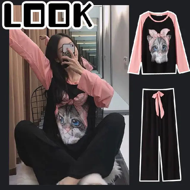 Cute Cartoon Print Long-Sleeved Women's Pajama Set
